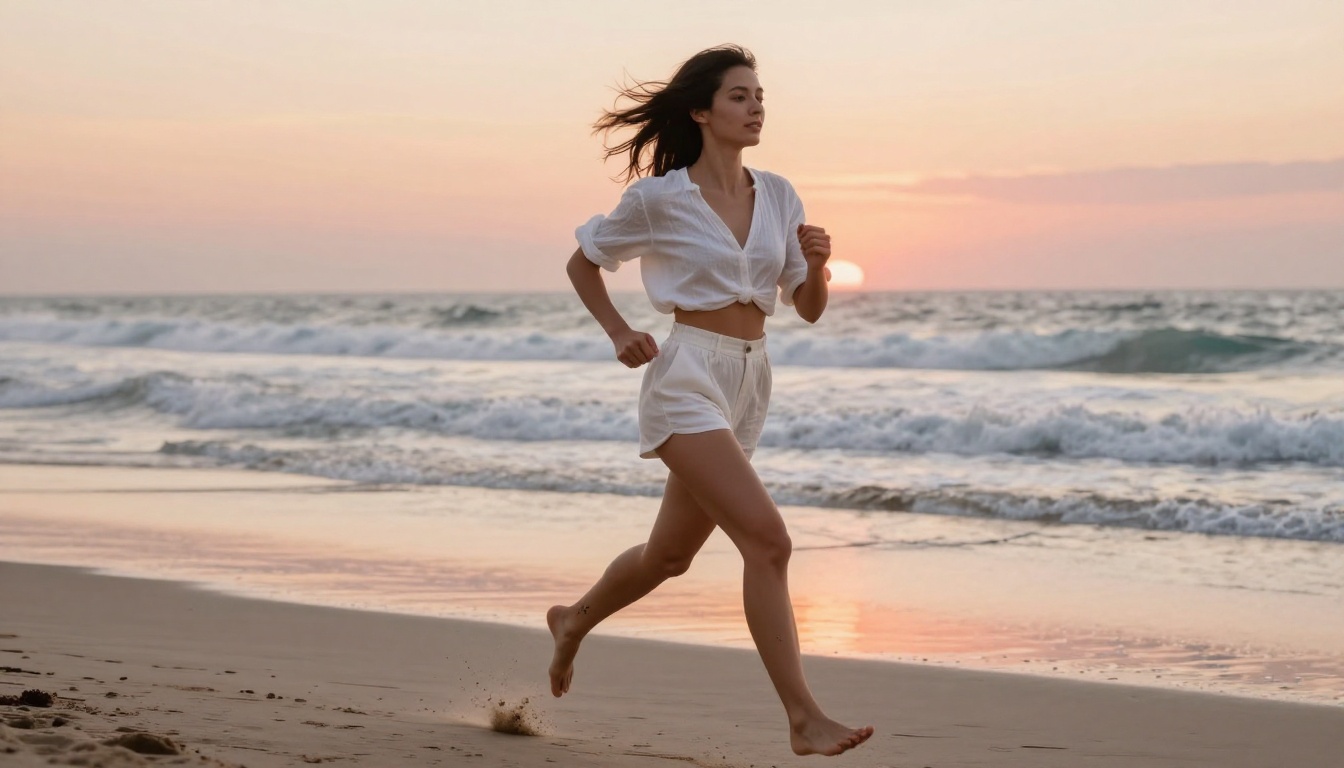 Dynamic shot of woman running on beach at magic hour with motion blur and cinematic sunset tones