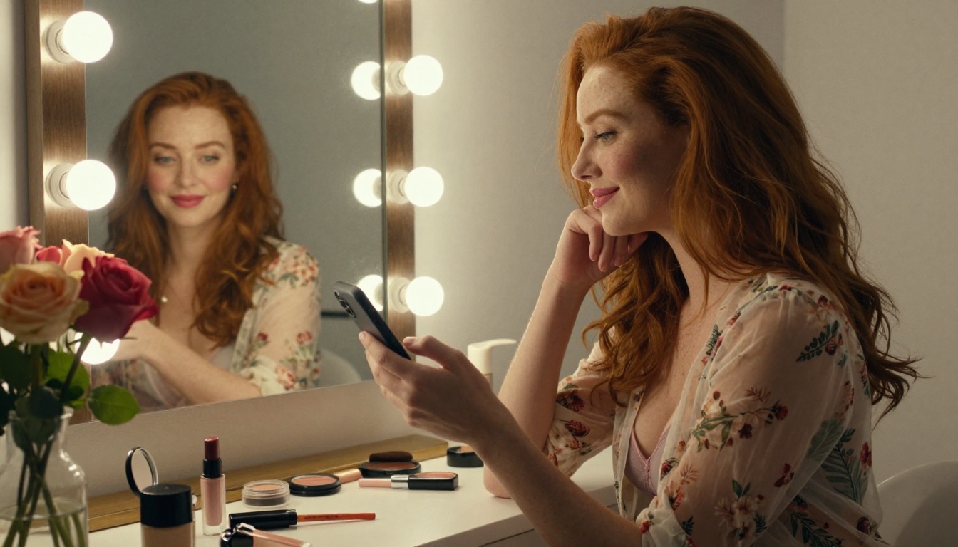 Beautiful redhead woman with green eyes at vanity with Hollywood mirror lights and secretive smile