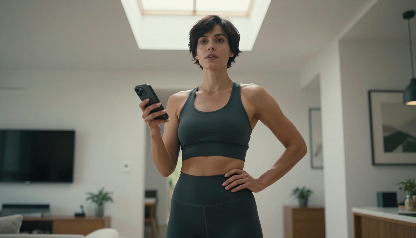 Confident woman with short pixie cut in crop top holding smartphone, dramatic skylight lighting overhead
