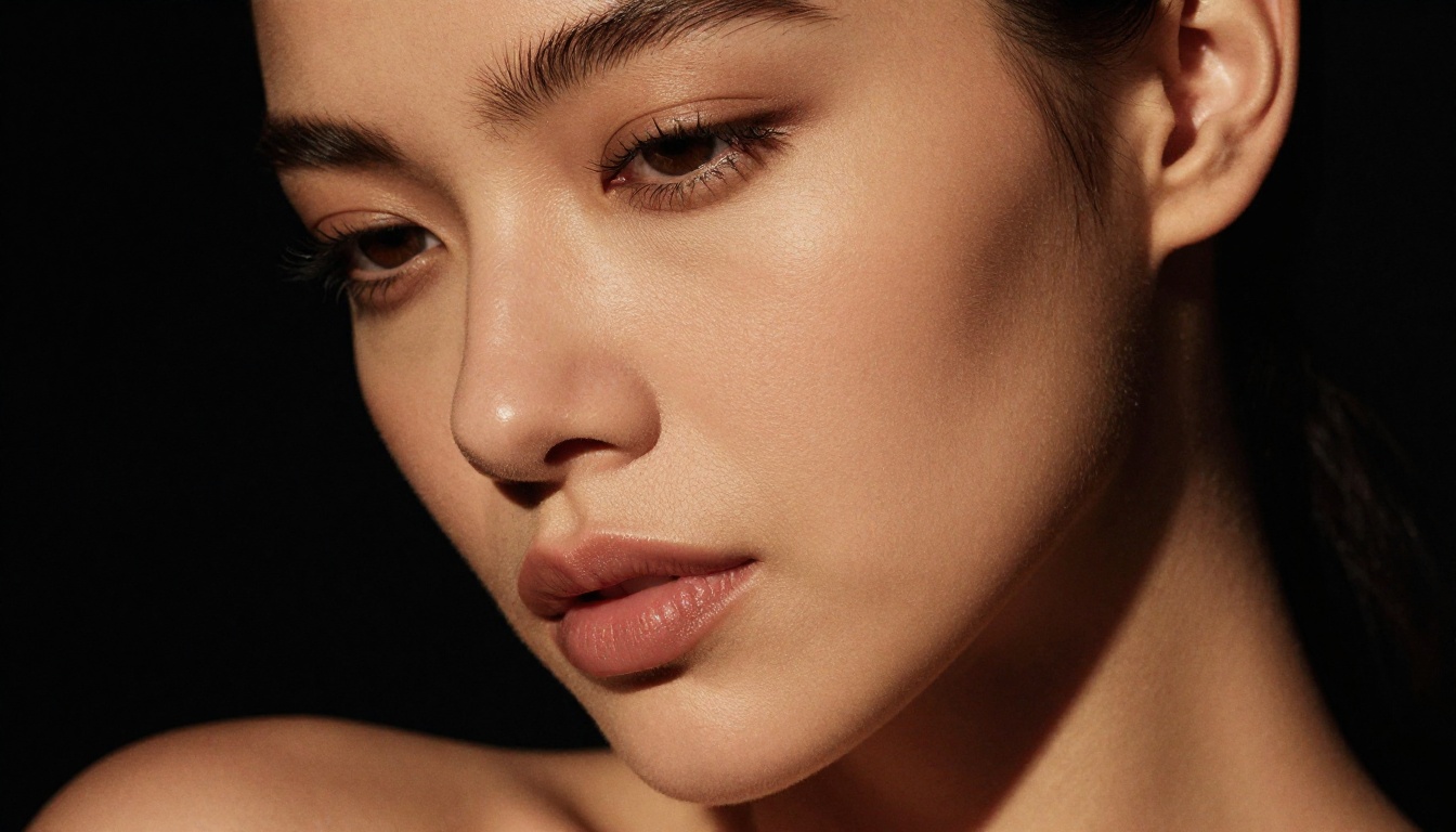 Dramatic close-up beauty portrait of woman with Rembrandt lighting against black velvet background