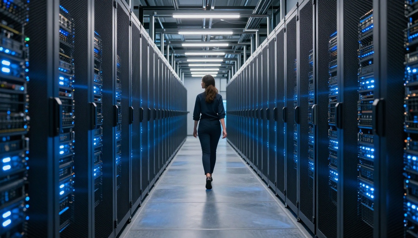 A hypermodern data center corridor with illuminated server racks representing the infrastructure behind AI generation
