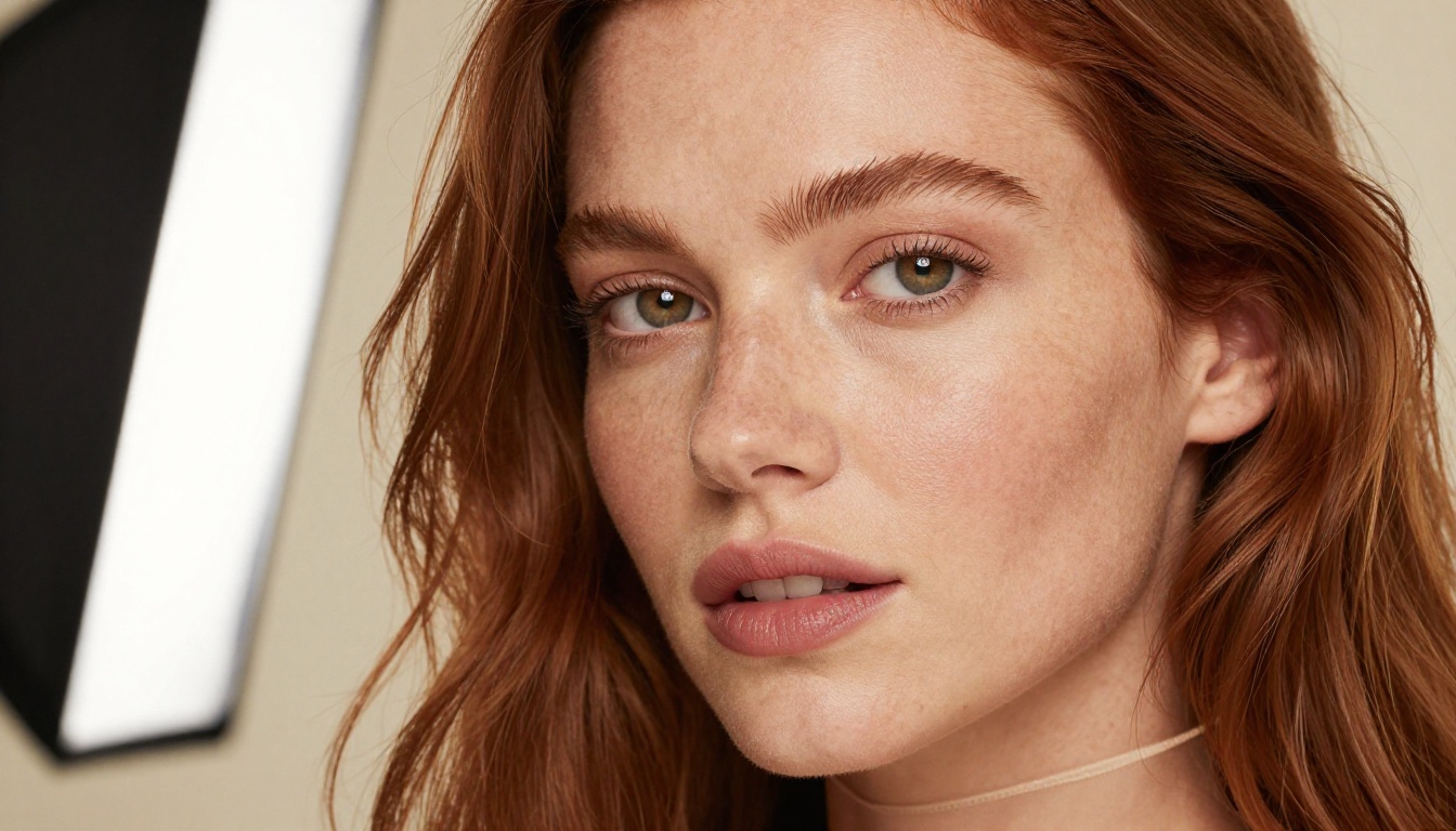 Close-up portrait of a woman with natural skin texture and diffused studio lighting