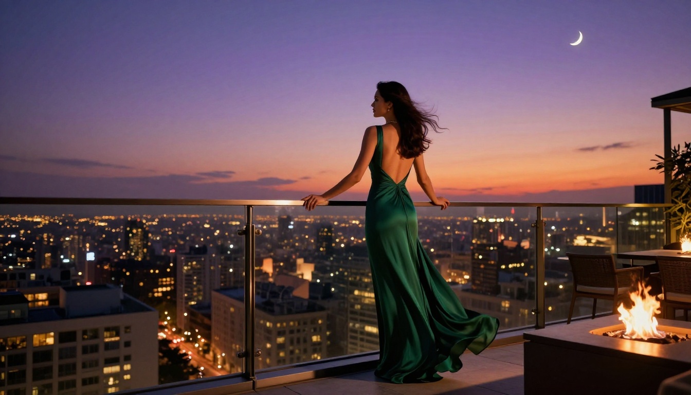 Woman standing on luxury penthouse rooftop terrace at dusk in emerald green backless gown with city skyline