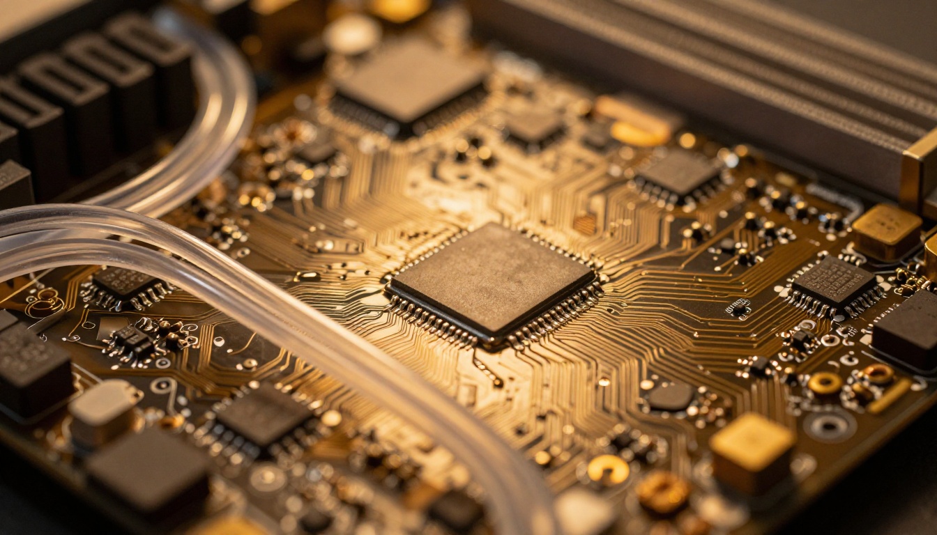 Close-up macro photograph of a high-end GPU circuit board with copper traces and silicon chips representing AI diffusion model hardware