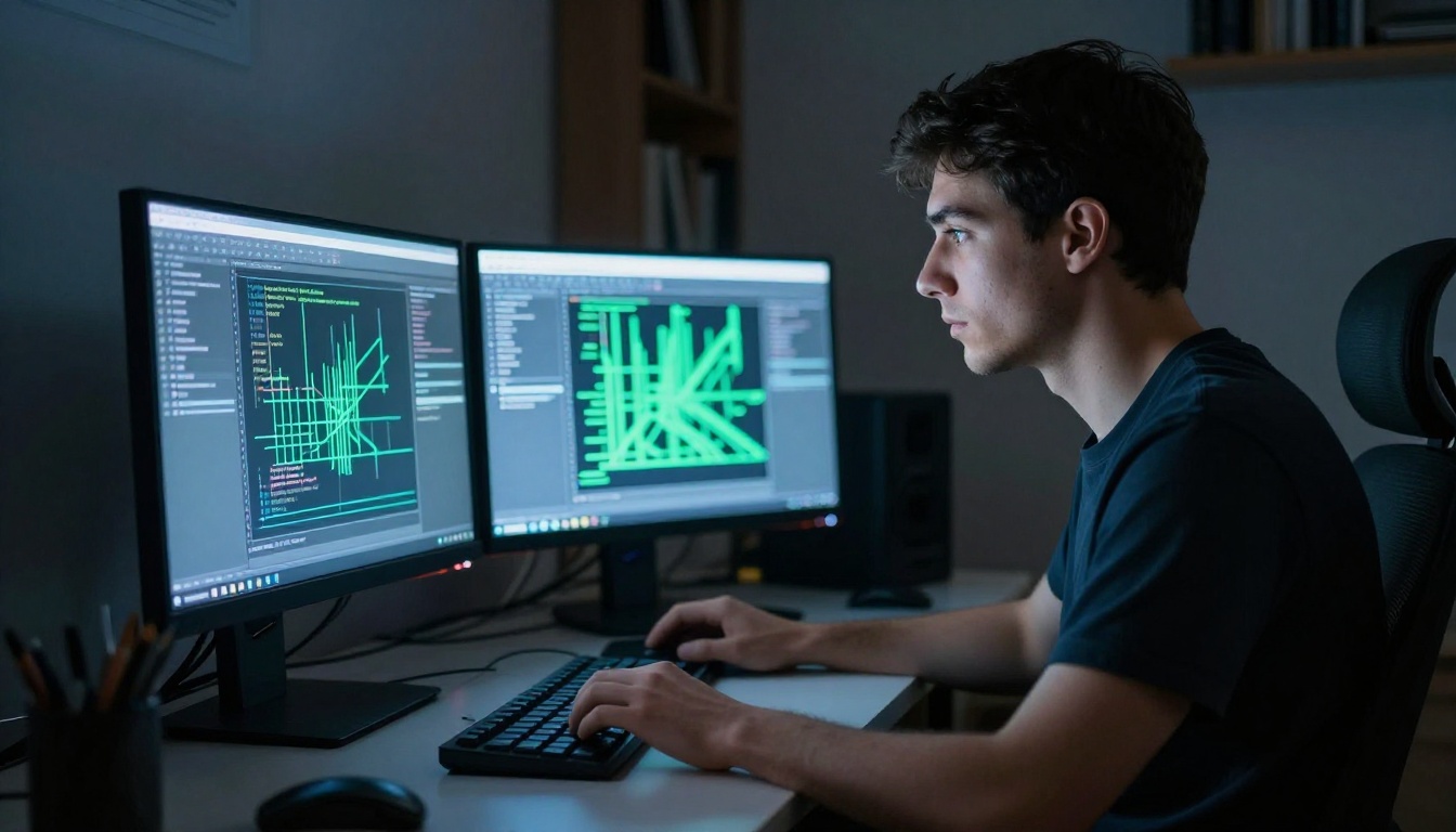 A young developer at a dual-monitor workstation in a dimly lit studio at night working on AI image generation code