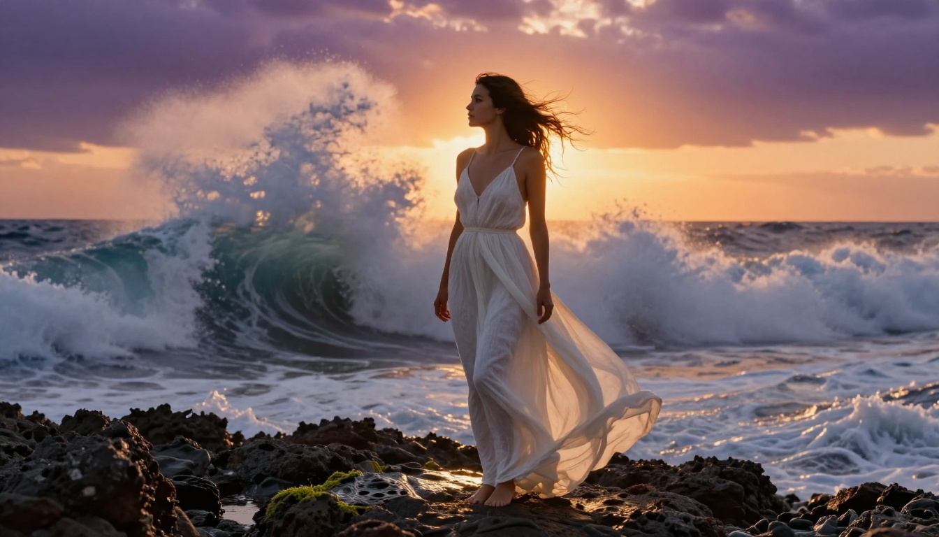 Beautiful woman in a flowing white dress on a dramatic rocky Mediterranean coastline at golden hour
