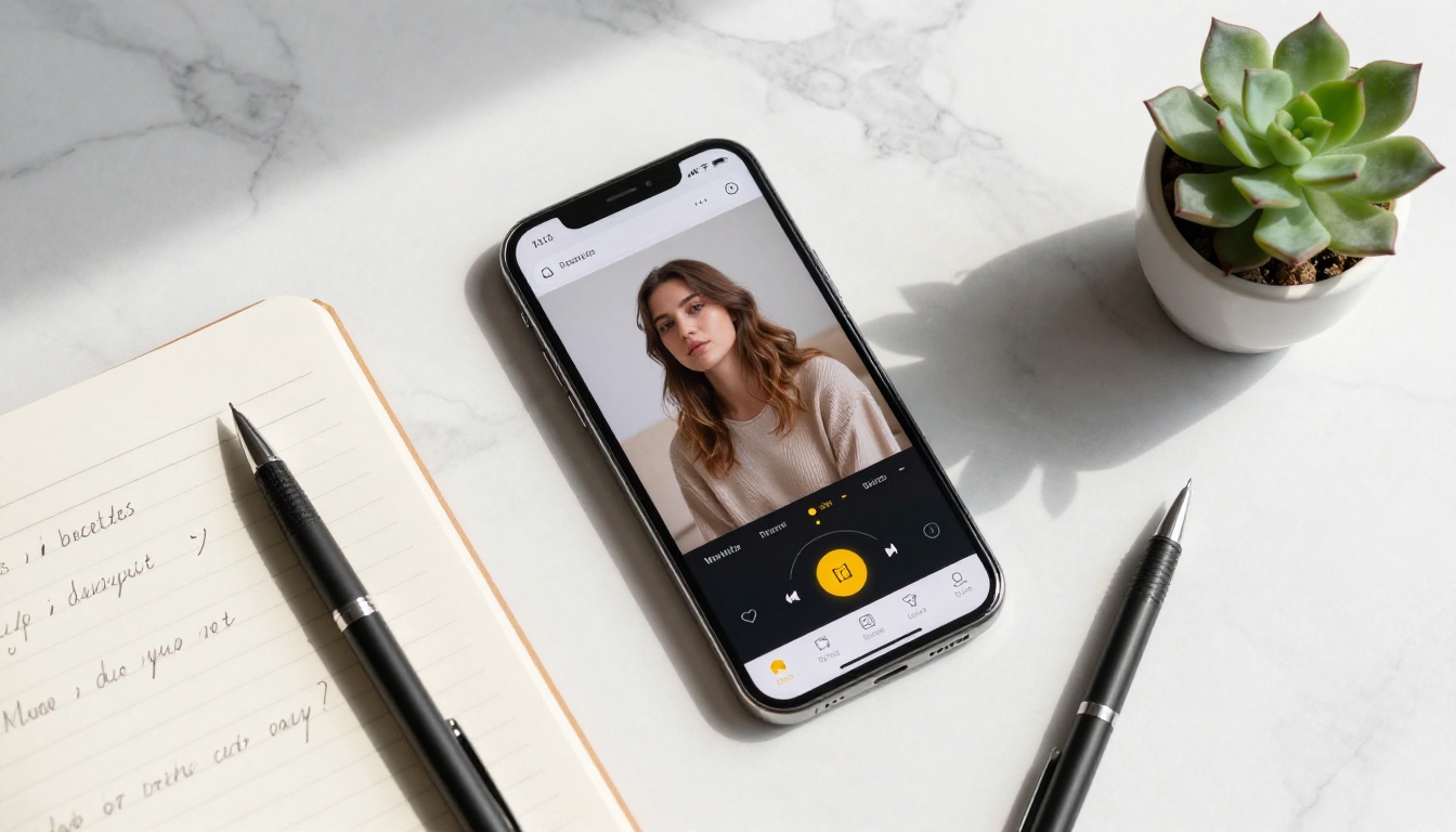 Aerial flat lay of a smartphone showing an AI image generation interface alongside a notebook with creative prompts on white marble