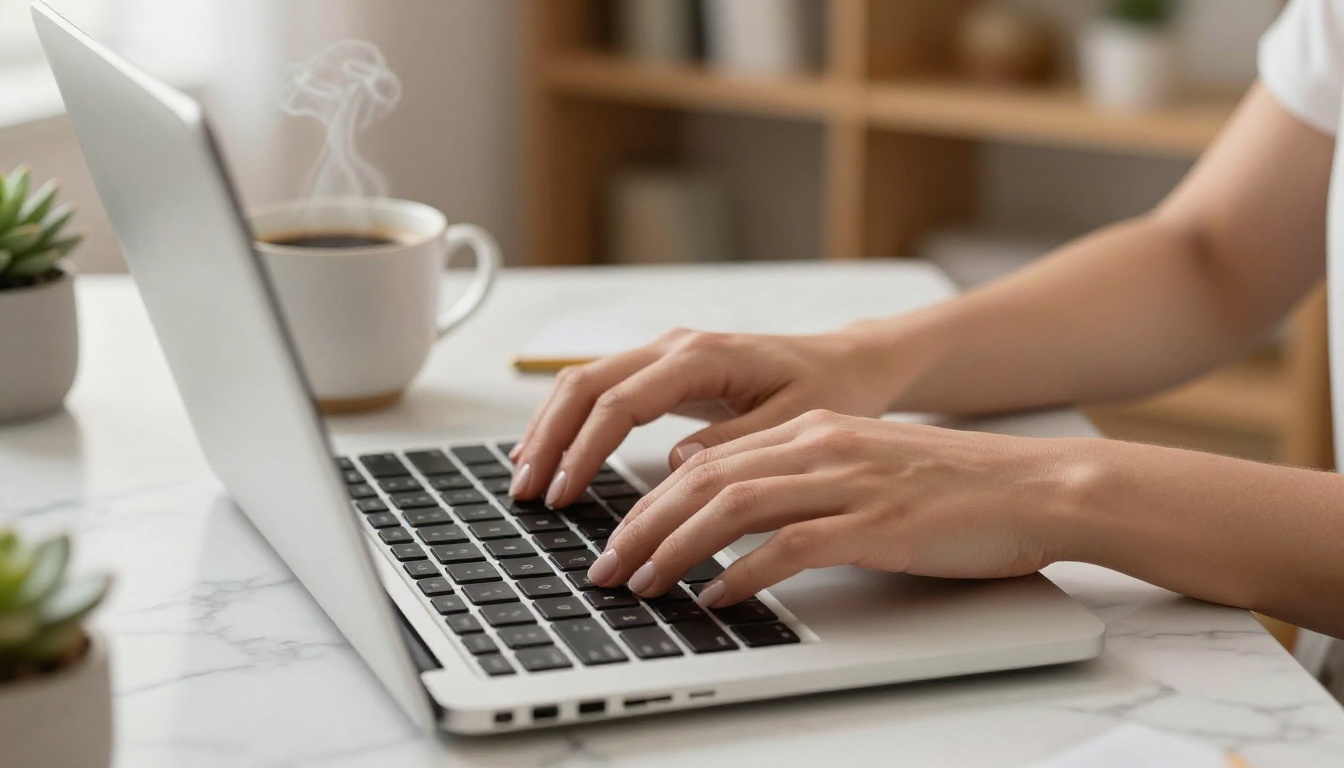 Close-up of woman's hands typing on a slim silver laptop on a marble desk