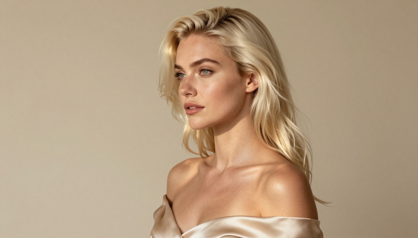 A beautiful woman with platinum blonde hair photographed in three-quarter profile with golden late-afternoon light representing high-quality AI portrait output
