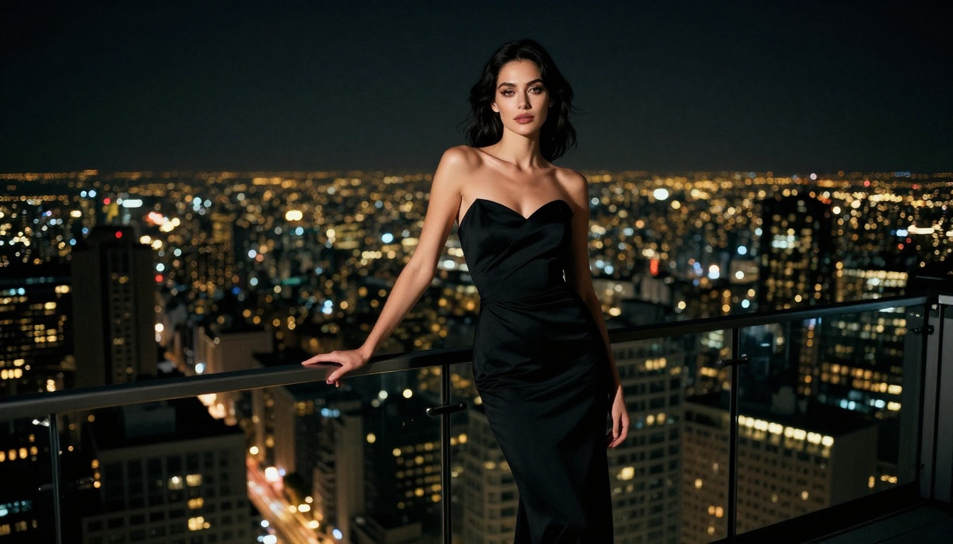 Sophisticated woman in a black evening gown on a high-rise penthouse terrace with panoramic city lights at night