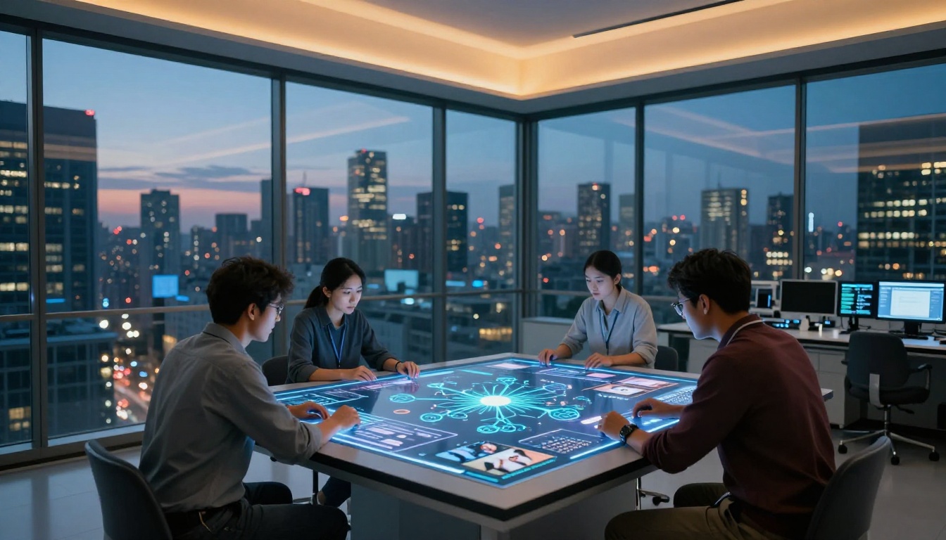 A modern AI research laboratory with researchers analyzing neural network diagrams at a large touch-screen table