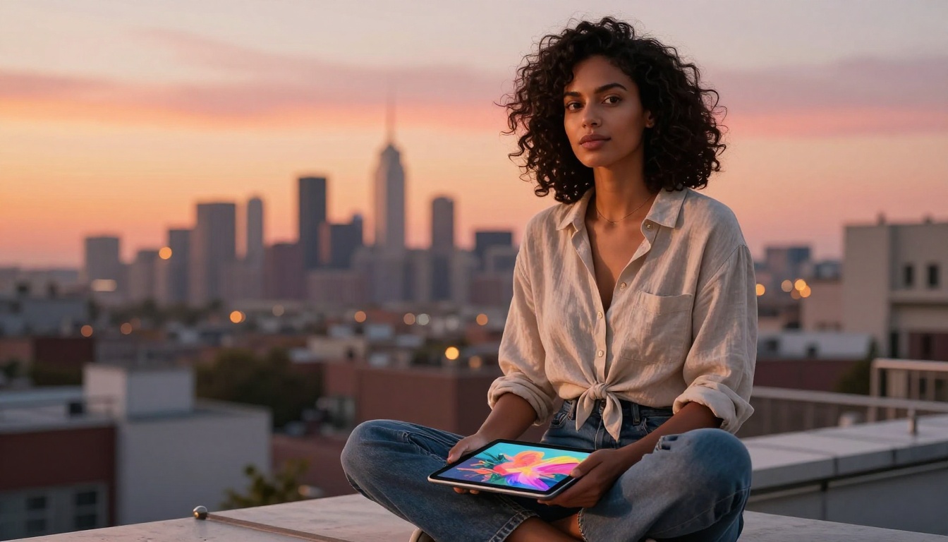 A confident woman with dark curly hair on a rooftop terrace at golden hour using a tablet to create AI-generated images