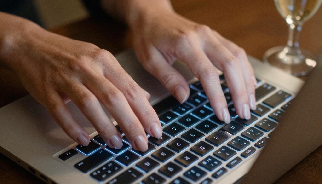 Hands typing on a glowing laptop keyboard at night, champagne in the background