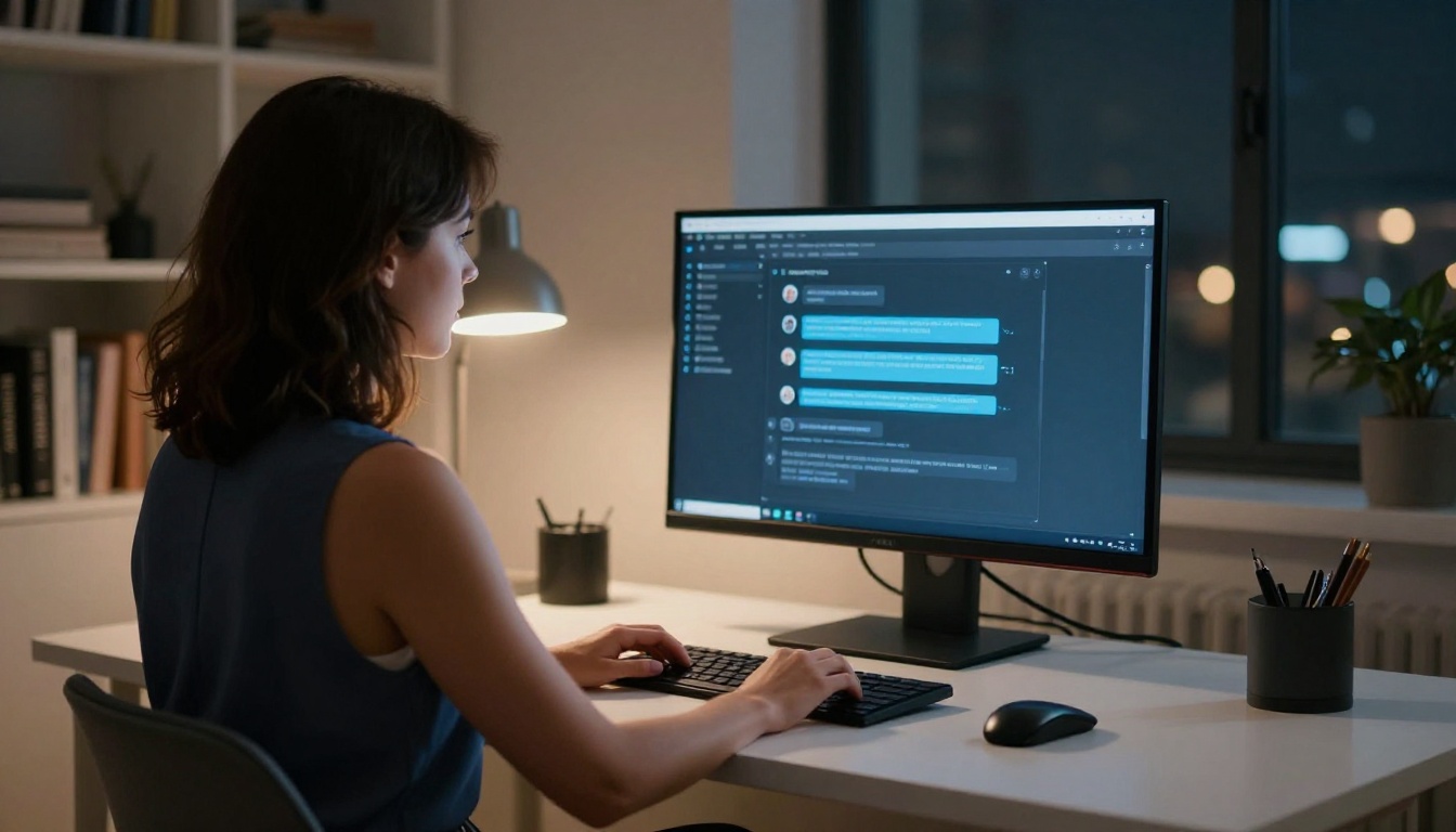 Over-the-shoulder view of a woman at a desk looking at a dark-mode chat interface on a monitor