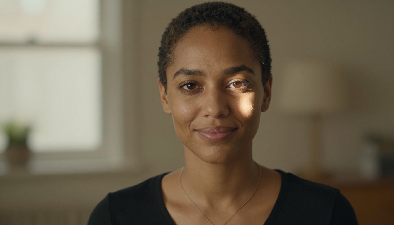 Confident woman with warm brown skin looking directly into the camera with a subtle knowing smile