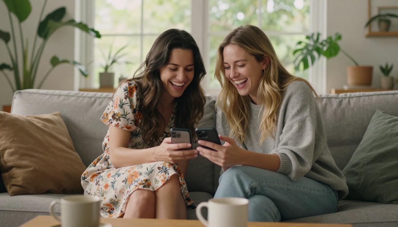 Two women sitting together on a sofa sharing genuine laughter over a phone screen