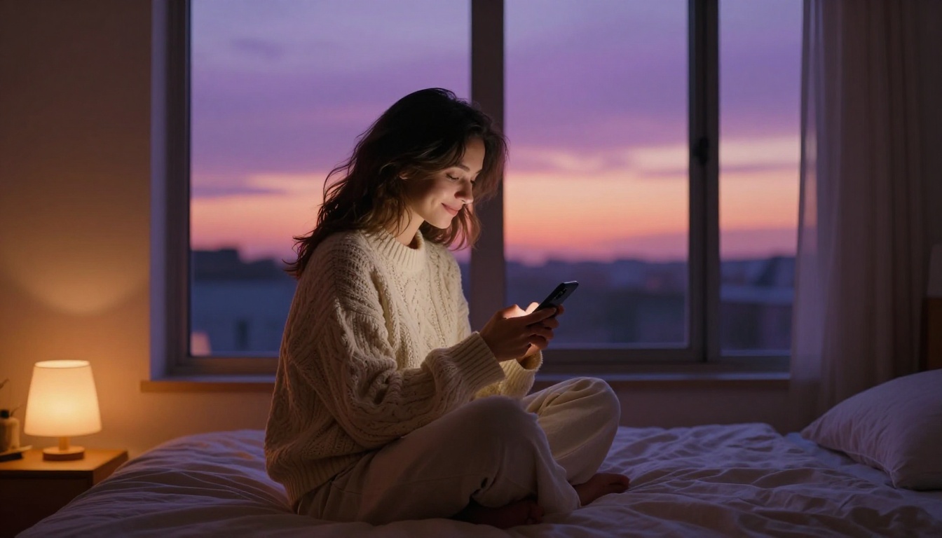 Woman sitting cross-legged on a bedroom floor at dusk, rose-gold sunset light through the window, holding a phone