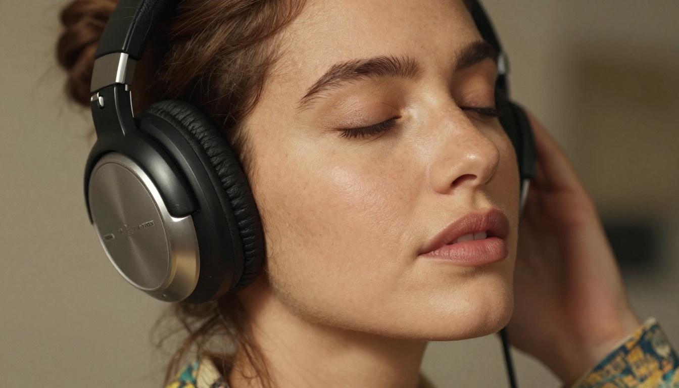 Close-up portrait of a woman with over-ear headphones, eyes gently closed, peaceful expression
