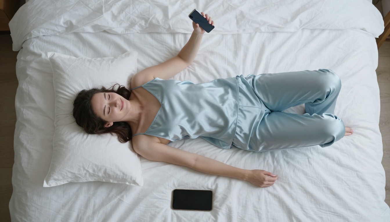 Aerial flat-lay view of a woman lying on white linen bedding, holding a phone above her face, serene expression