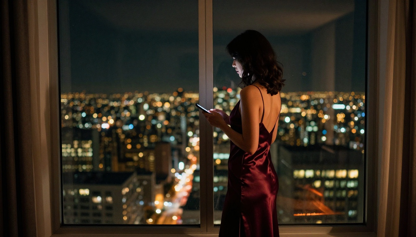 Woman standing at a floor-to-ceiling window at night looking out over a glittering city skyline, silk slip dress catching the light