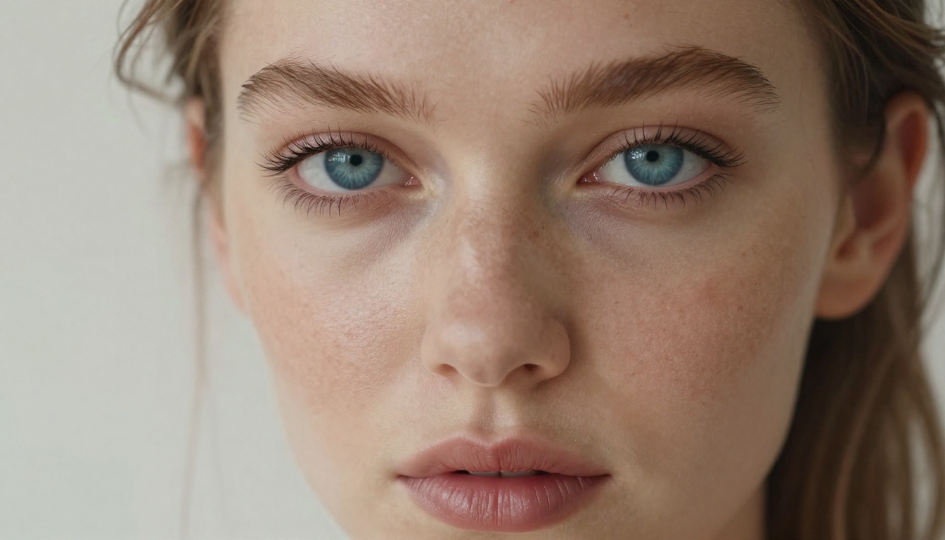 Close-up portrait with striking blue eyes and freckles, 100mm macro lens at f/2.8, micro pore skin detail, photorealistic 8K