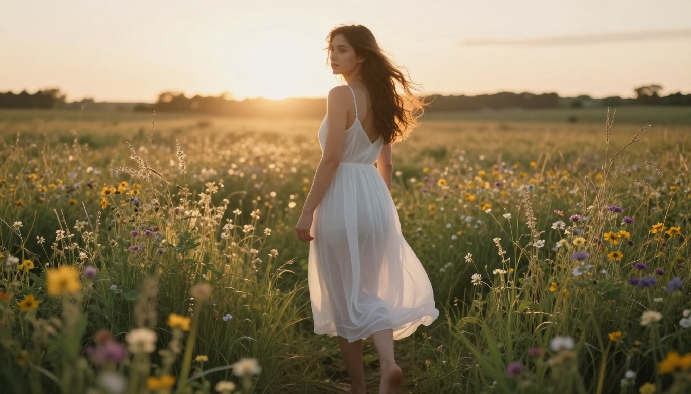 Woman in sheer white sundress in wildflower meadow at magic hour, golden backlight, 85mm f/1.8, Agfa Vista film grain