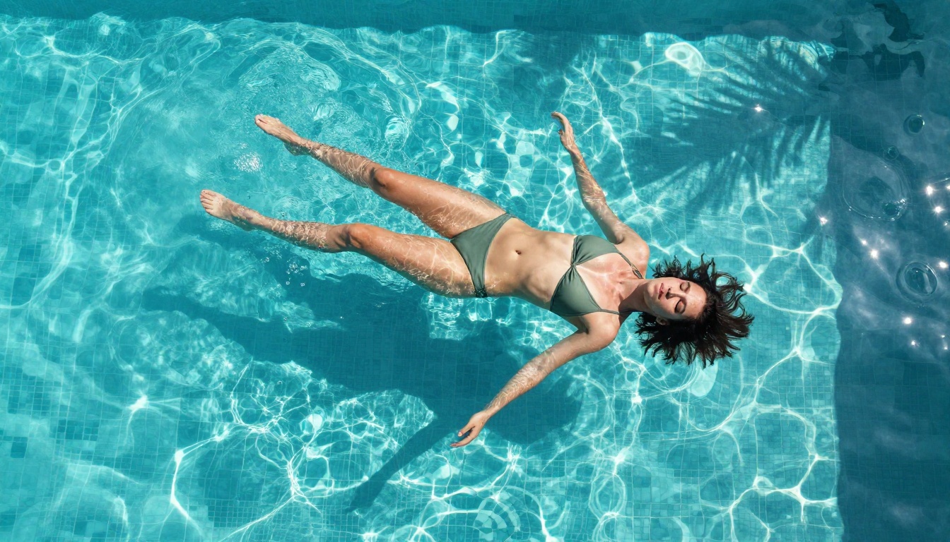Aerial top-down view of woman floating in turquoise infinity pool, sunlight caustics on skin, drone 24mm lens, photorealistic 8K