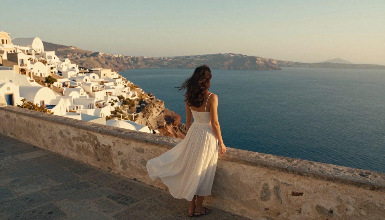 Woman in white sundress on Mediterranean balcony overlooking the sea