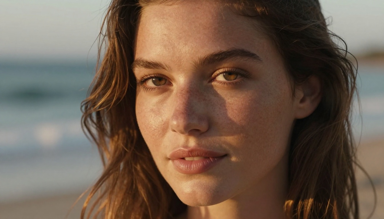 Close-up beach portrait of woman with sun-kissed skin and natural smile