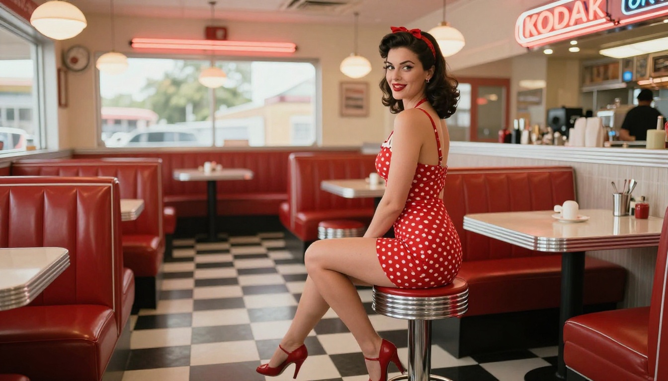 Vintage pin-up woman in polka-dot bikini in classic American diner
