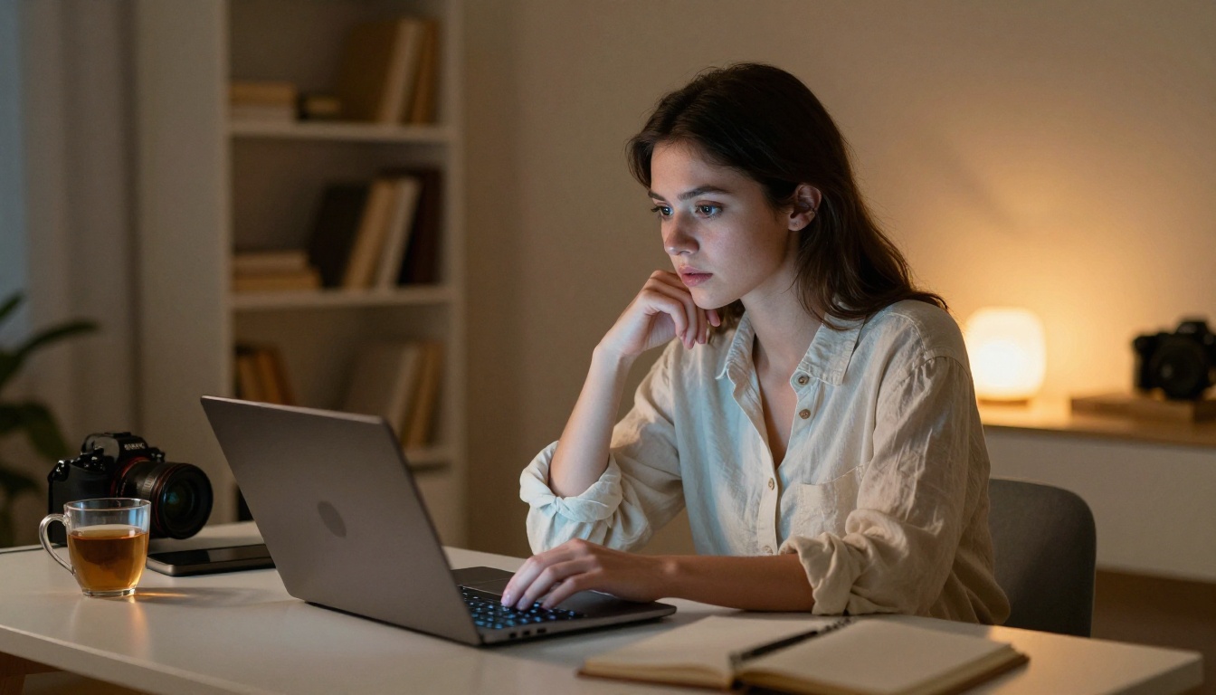 Beautiful woman at minimalist desk late at night, laptop screen casting cool blue glow on her face, curious expression