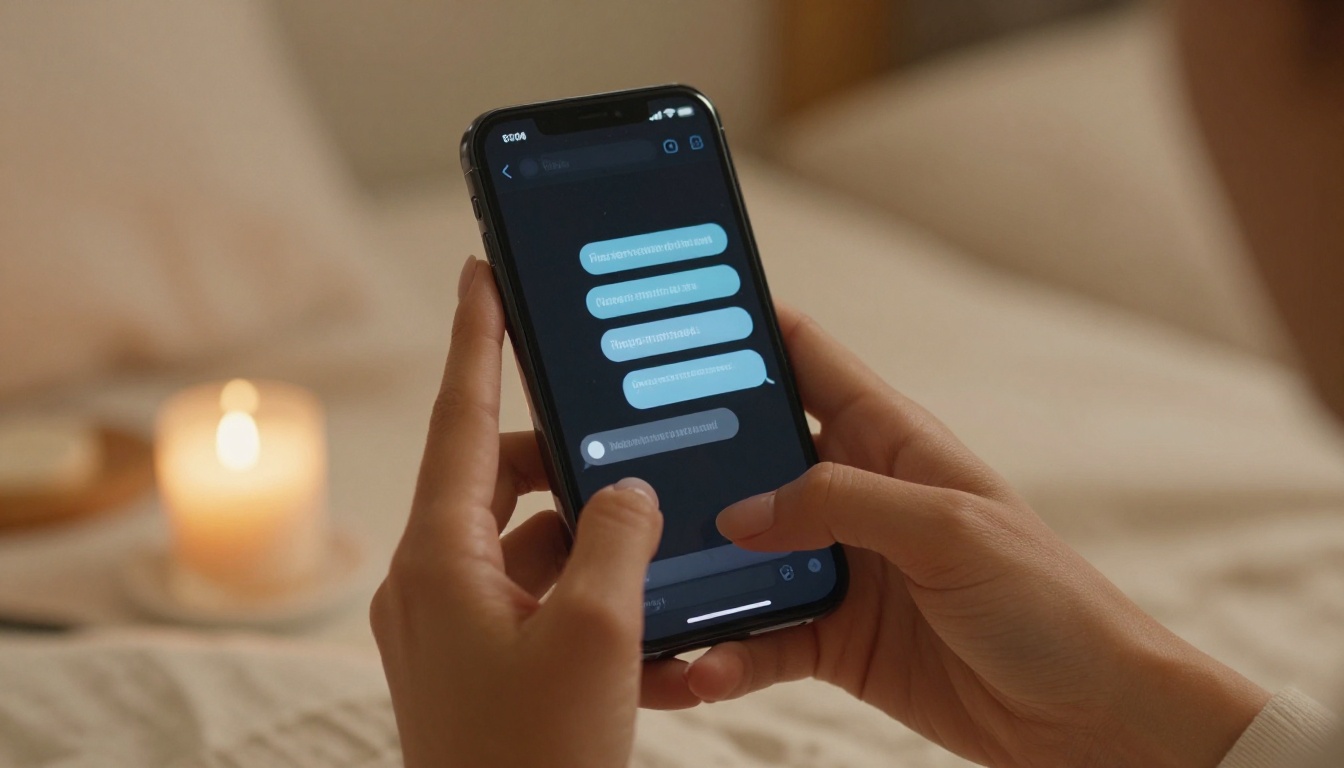 Close-up of feminine hands holding smartphone showing glowing chat interface on cream bedsheets