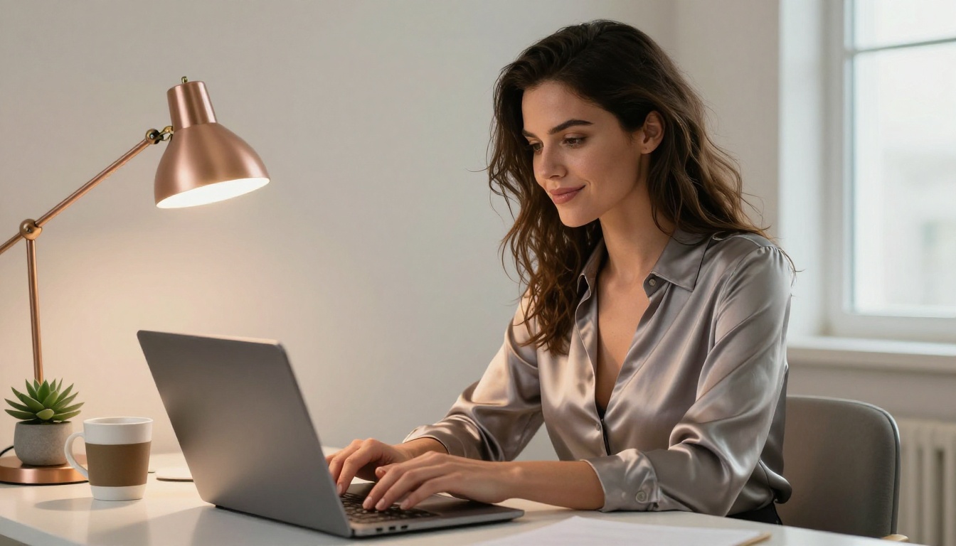 Brunette woman smirking at laptop on modern desk