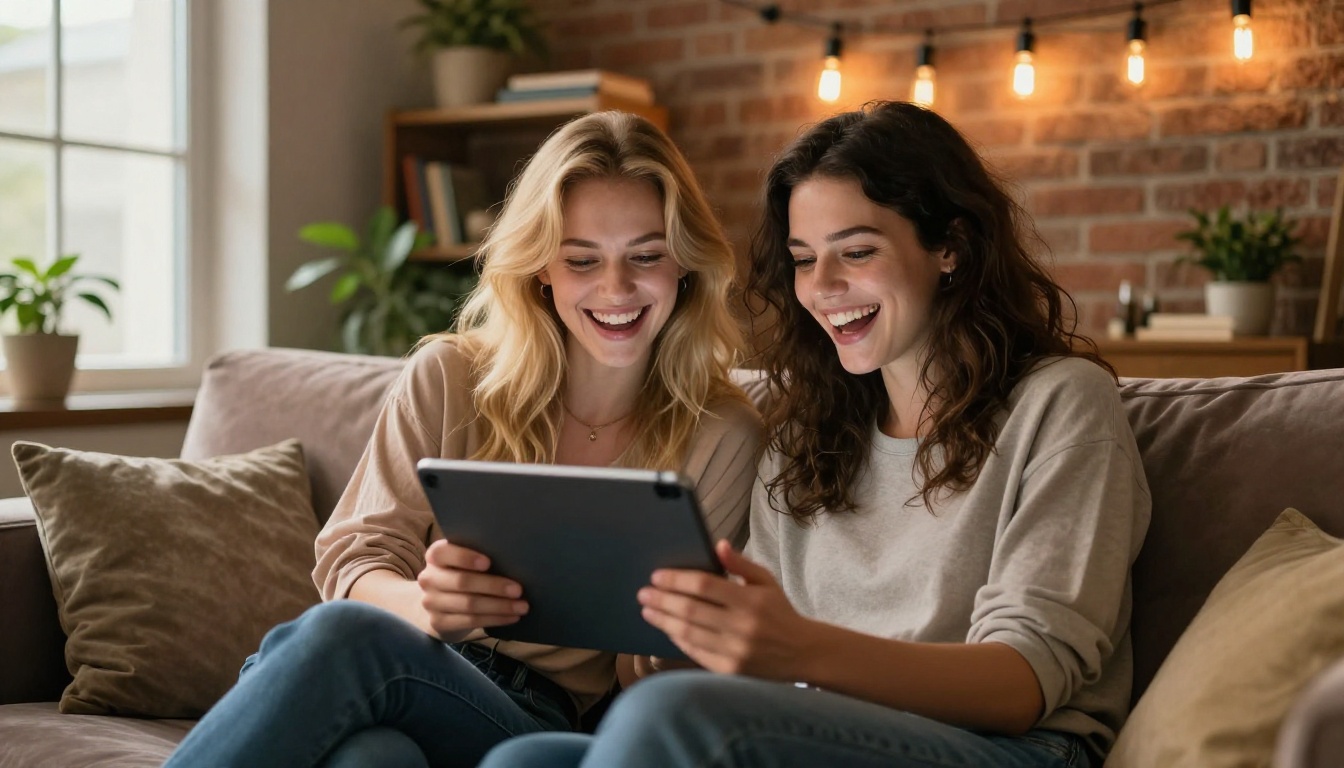 Two women laughing together on velvet couch sharing a tablet