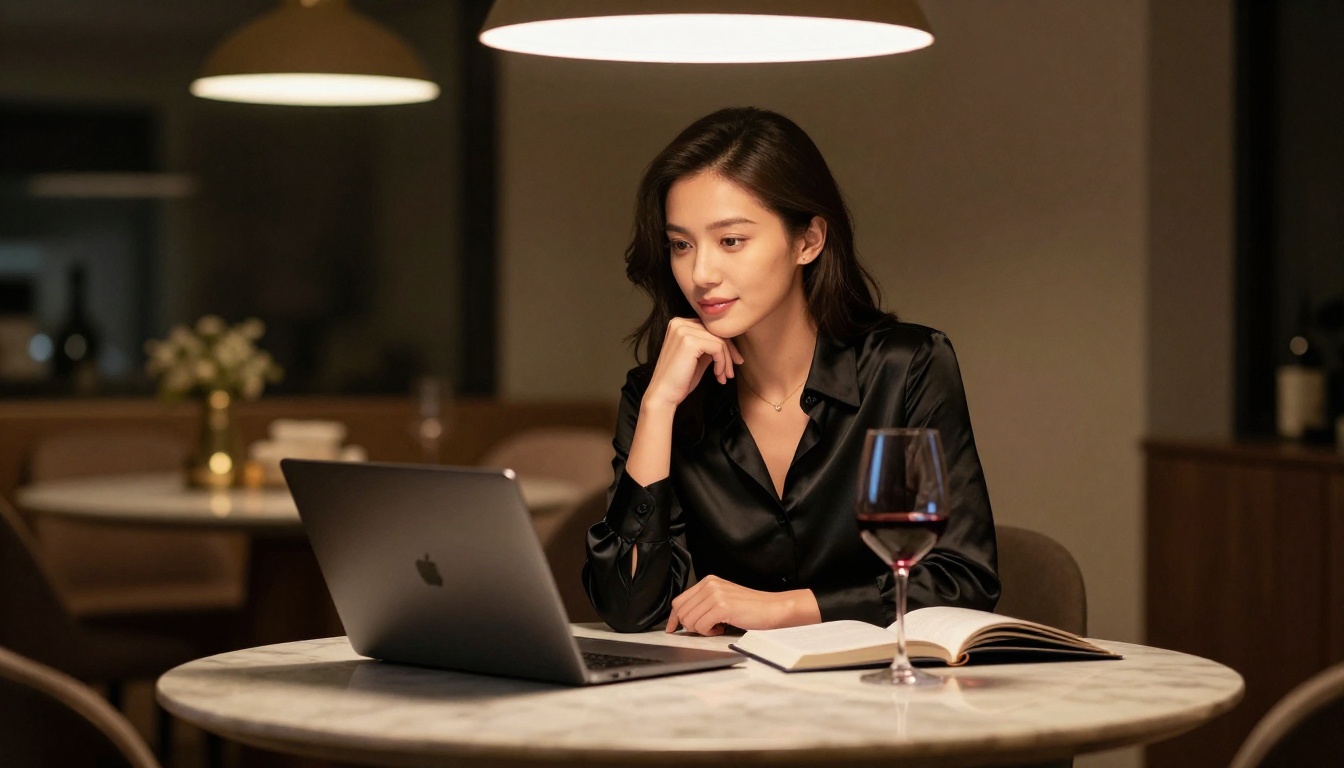 Elegant woman at marble bistro table with laptop and red wine, warm pendant lighting, evening atmosphere