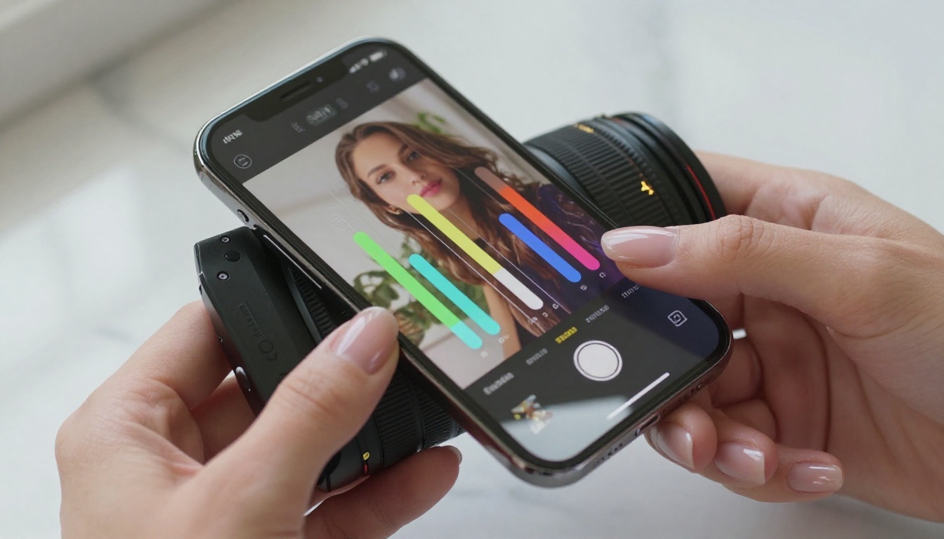 Close-up of hands holding phone with AI interface on screen
