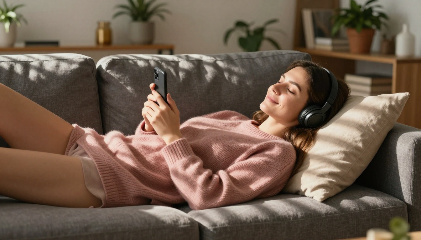 Woman relaxed on sofa holding phone, warm afternoon light, cozy living room