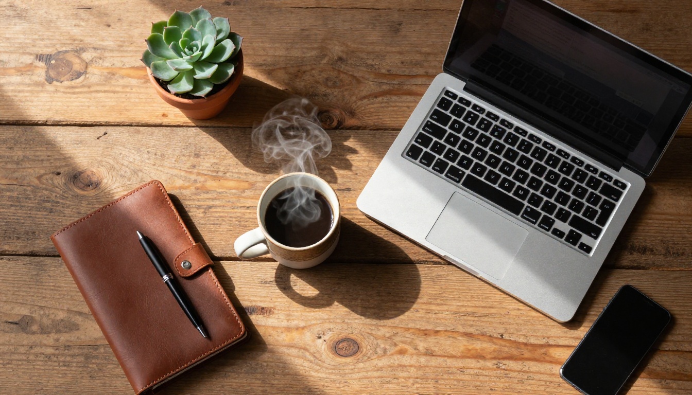 Overhead flat-lay of wooden desk with laptop showing chat interface, coffee mug with steam, journal and phone in warm morning light