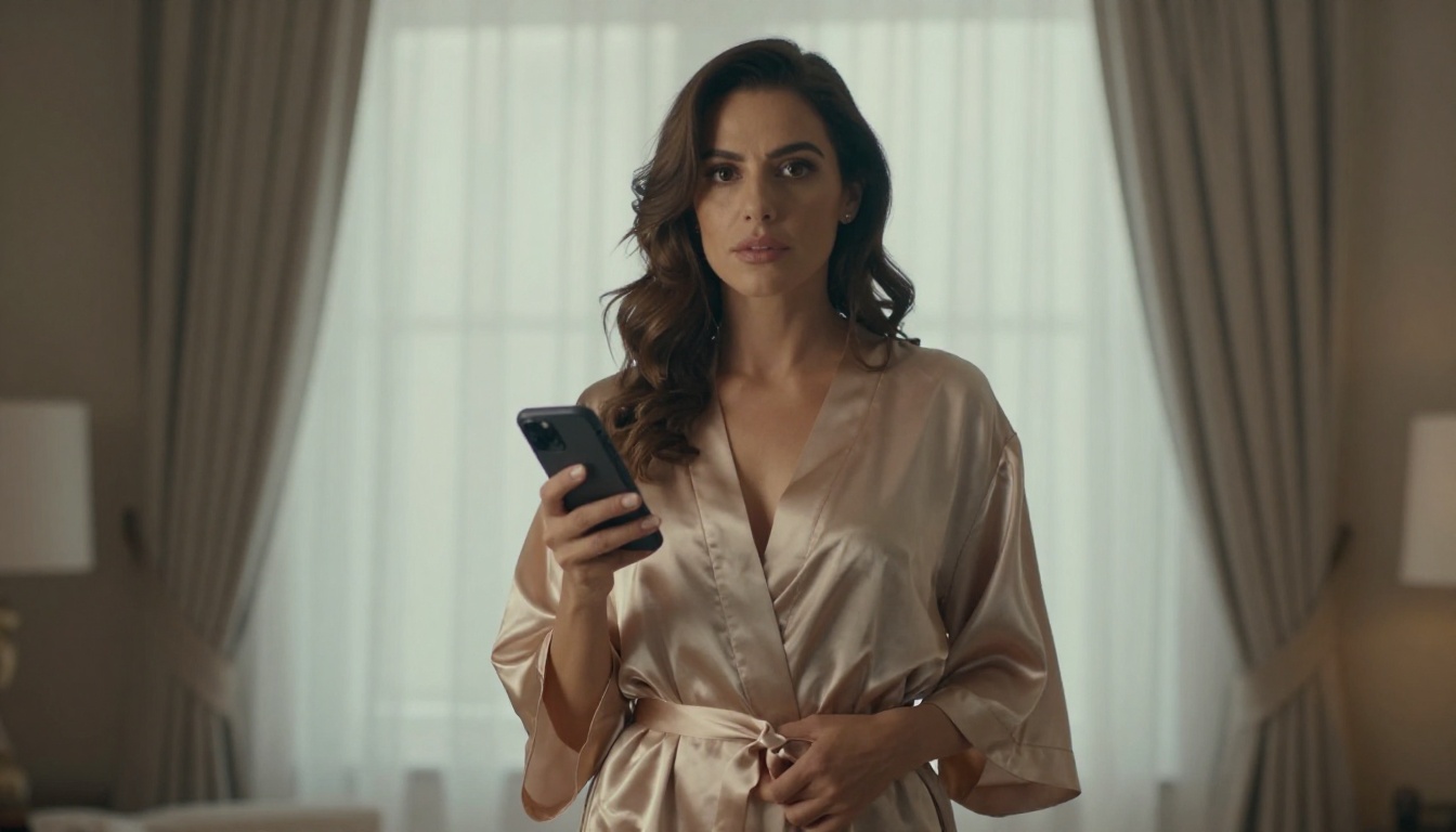 Woman in satin robe holding smartphone with confident pose