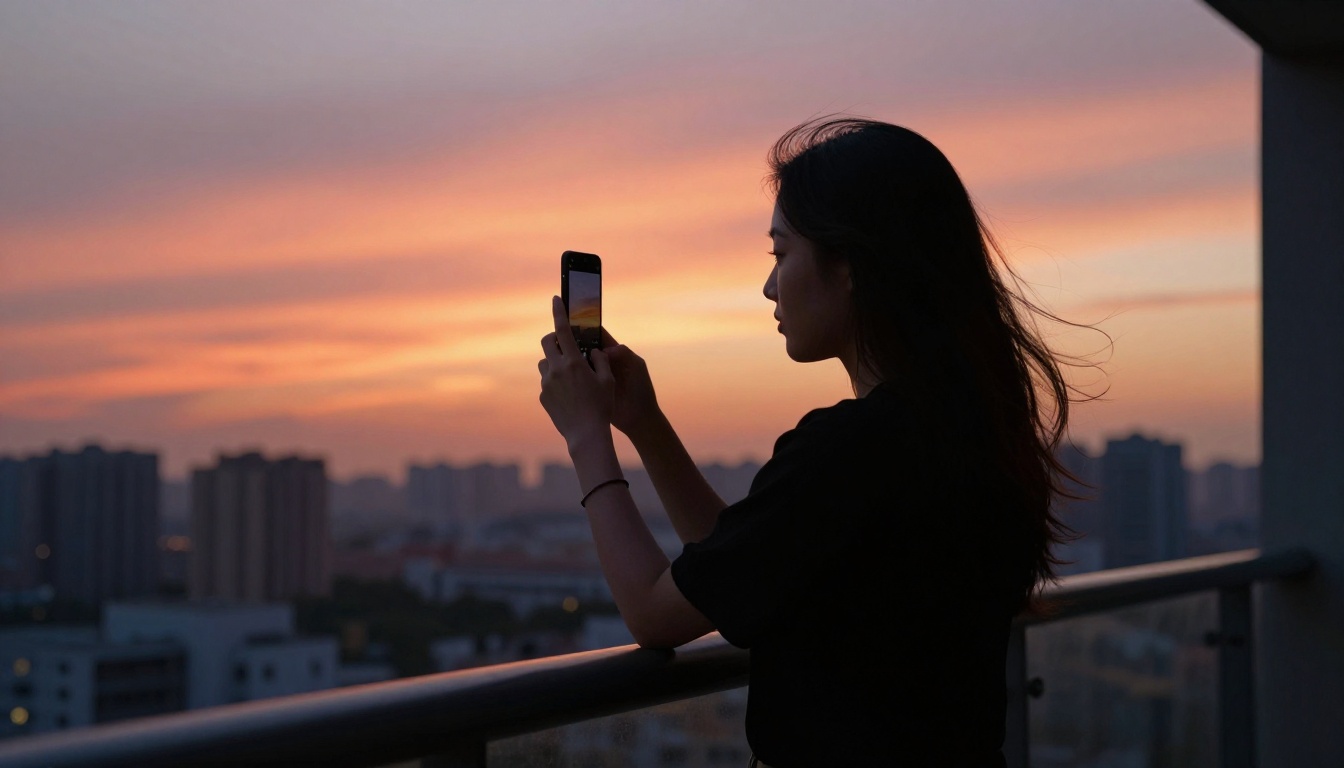 Woman at golden hour on balcony with smartphone