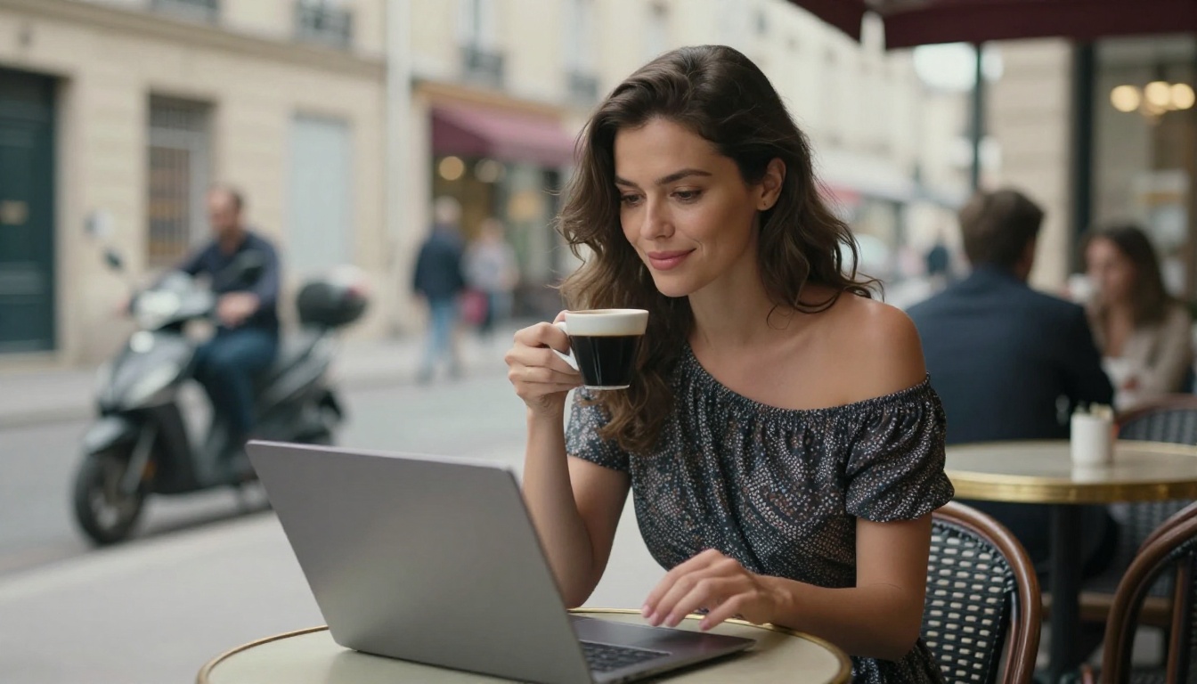Stylish woman at Paris cafe with open laptop and espresso