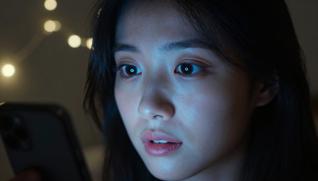 Close-up of woman's face illuminated by phone screen glow
