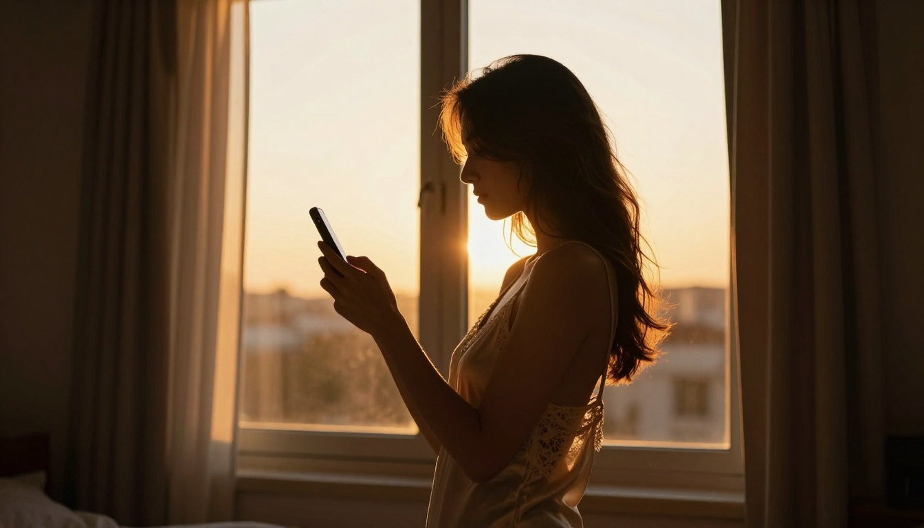 Woman silhouette standing at bedroom window backlit by intense golden hour sunlight, holding phone, lace-trimmed slip, intimate atmosphere
