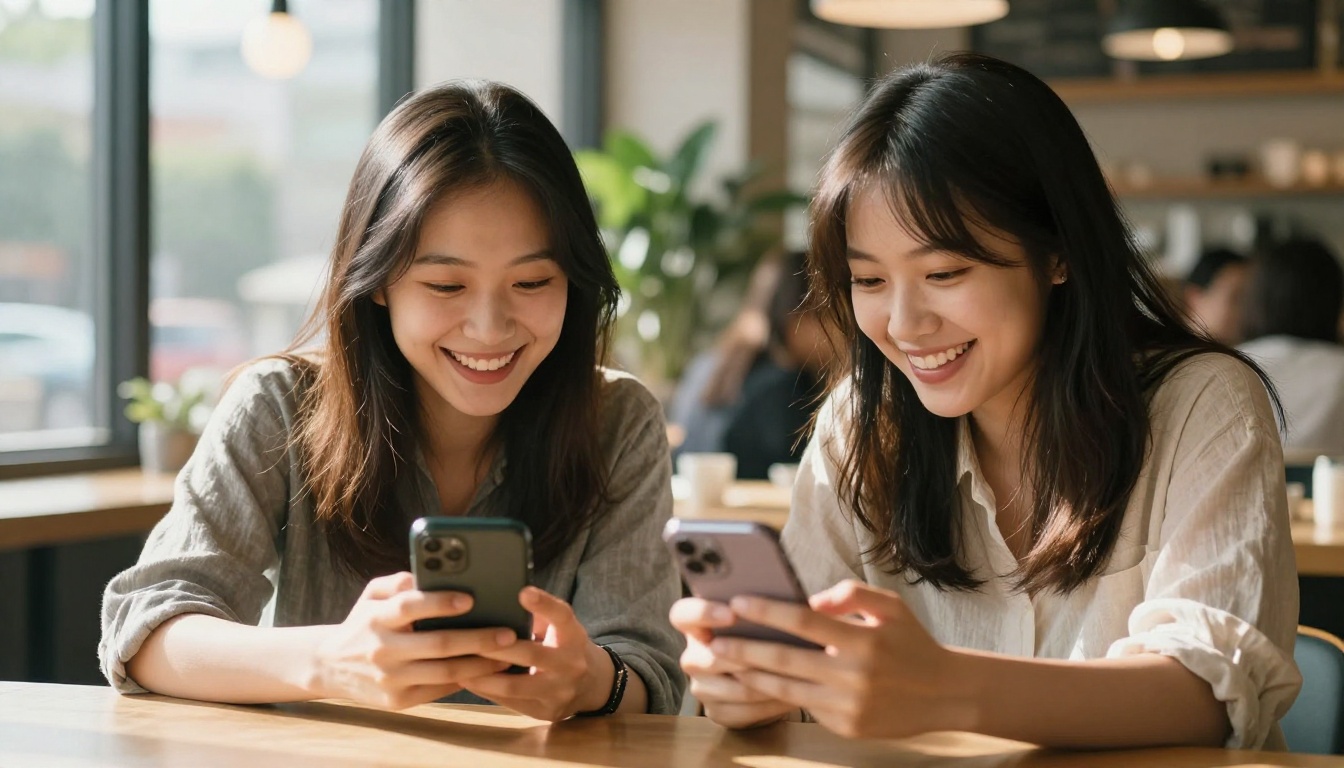 Two women comparing phone screens at a cafe