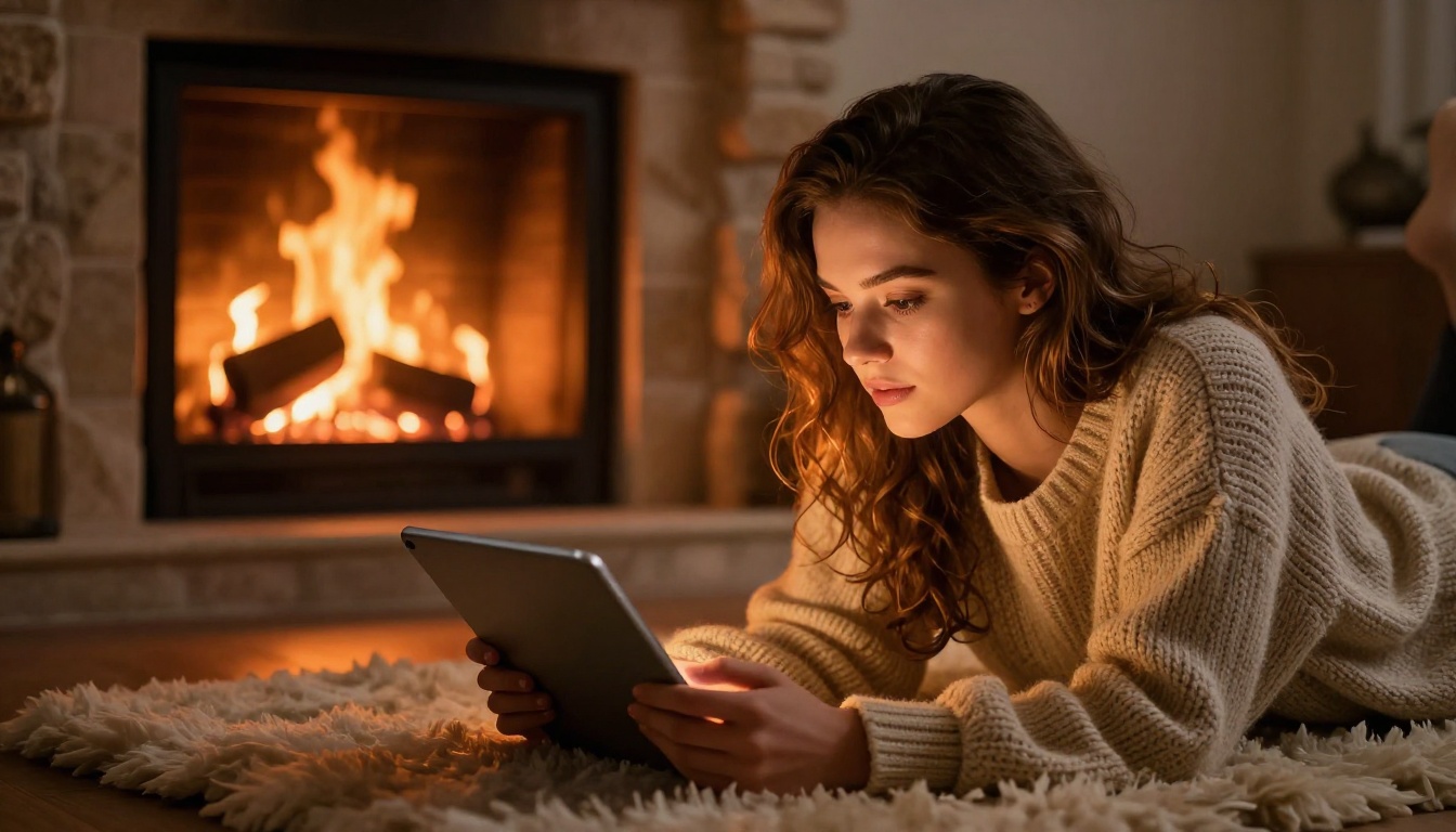 Woman lying by fireplace on sheepskin rug reading tablet