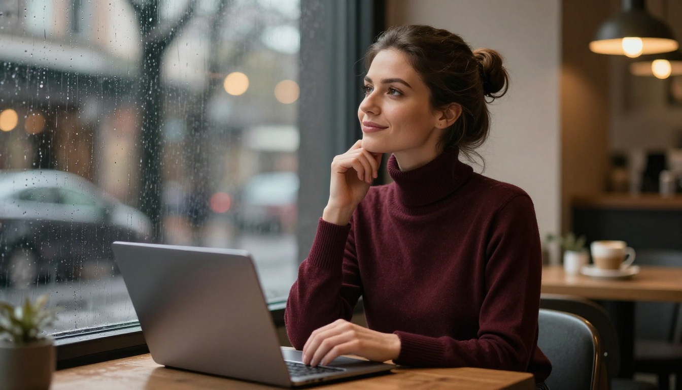 Woman in burgundy turtleneck at cafe window with latte and laptop, rain on glass, thoughtful expression