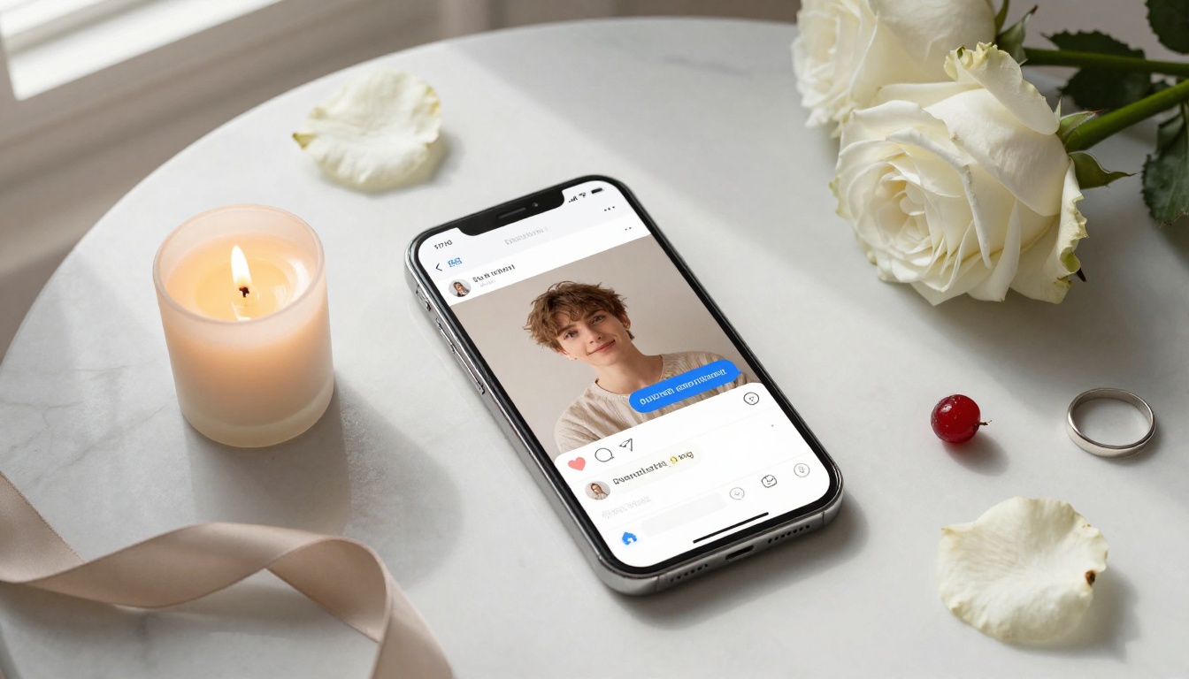 Smartphone on marble surface surrounded by white roses and a candle
