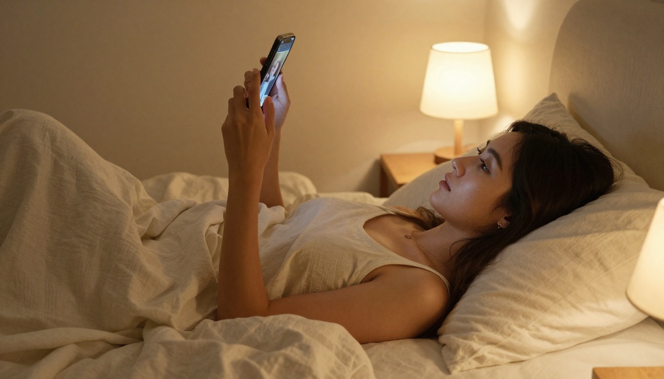 Woman lying on bed scrolling phone in warm bedroom light