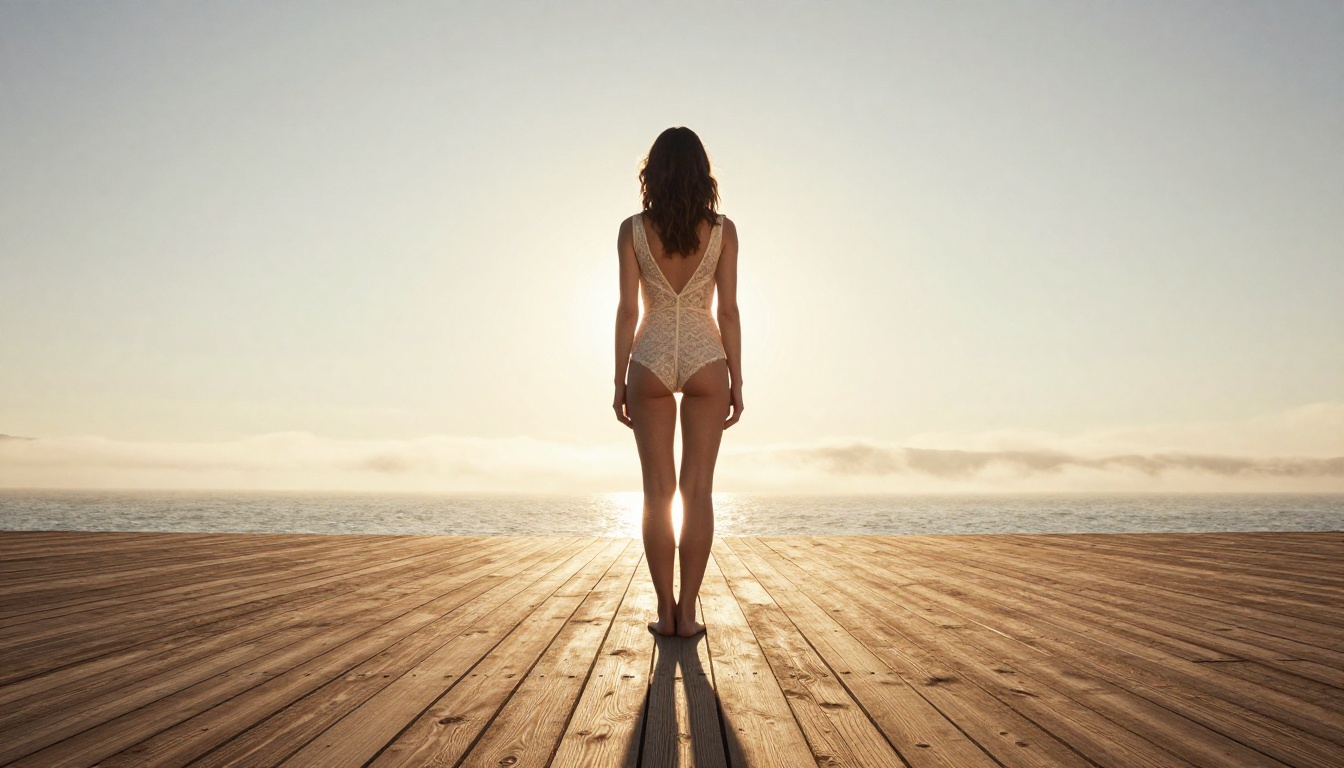 Woman in cream lace bodysuit on weathered wooden deck at dawn, ocean fog backdrop