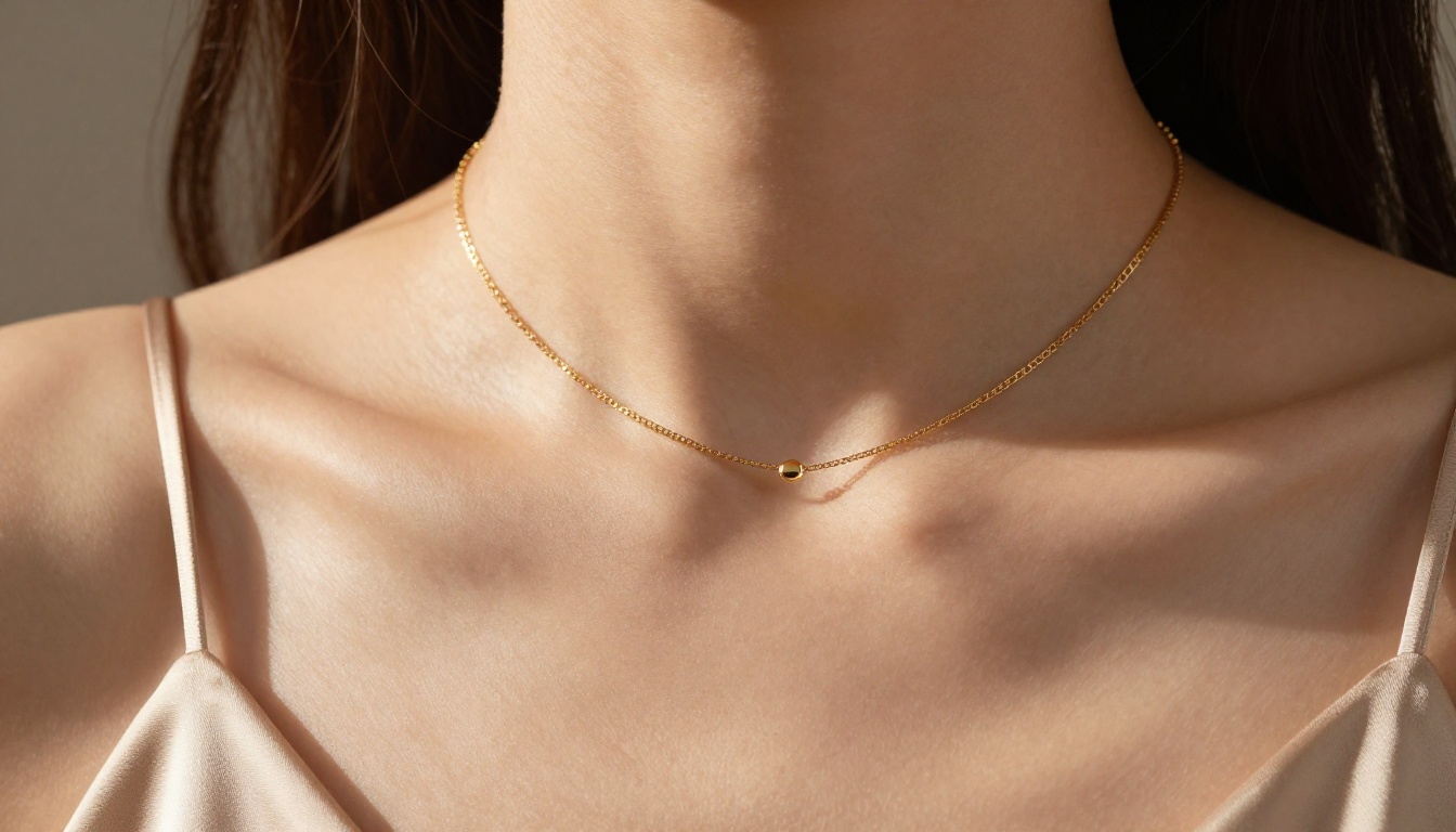 Close-up of woman's décolletage with delicate gold chains, champagne silk plunging top
